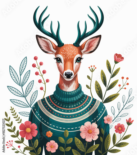 An imaginative portrayal of a deer wearing a cozy, knitted sweater adorned with flowers, merging nature and comfort, symbolizing harmony between wildlife and human creativity.