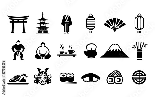Japan Cultural Icons: A collection of meticulously crafted, elegant black icons representing diverse facets of Japanese culture.