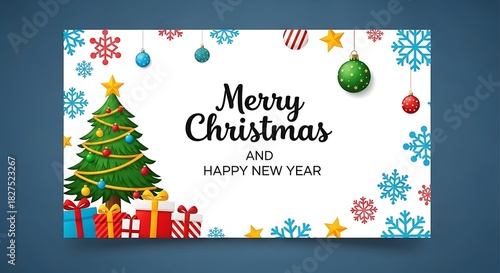 Joyful Christmas and New Year Celebration Banner with Decorated Tree and Gifts and Snowflakes
