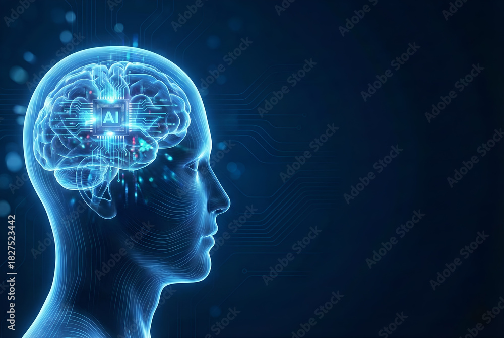 Obraz premium Artificial Intelligence CPU Chip Embedded in Human Brain