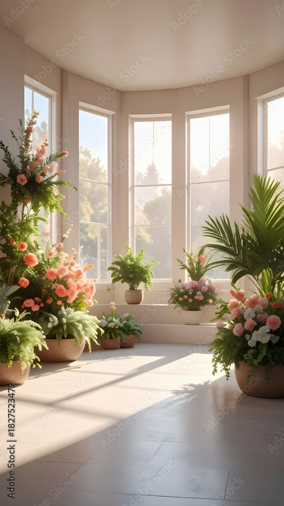 Fototapeta premium Sunlit Bay Window with Lush Indoor Plants and Blooming Flowers.