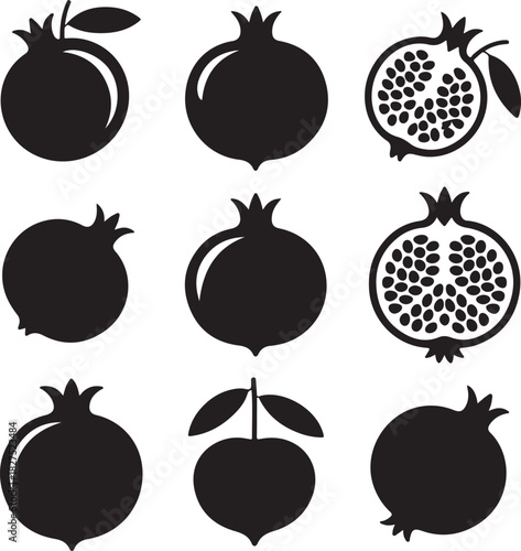 Pomegranate fruit graphic black silhouettes collection for healthy lifestyle concepts