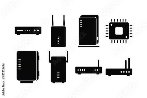 Router Solid Antenna Silhouette Vector Set