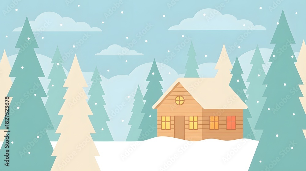Naklejka premium Cozy Wooden Cabin Surrounded by Snow-Covered Pine Trees and Falling Snow