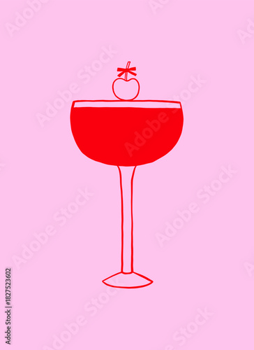 Whimsical Cocktail Glass with Cherry. Coquette Cocktail Martini and Wine Poster. Doodle Vector Illustration