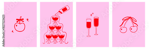 Whimsical Cocktail with Bow Poster Collection. Coquette Cocktail Glass Martini, Champagne, Wine in Hand Drawn Style. Doodle Vector Illustration