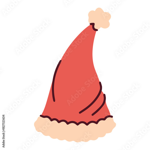 A red Christmas cone hat standing straight up with a pompon on top. Vertical festive headwear isolated on white for party design and funny holiday mascots.