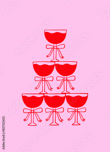 Champagne Tower Whimsical Cocktail Glass. Bachelorette Martini, Wine Cocktail Glasses Tower for Wedding. Doodle Illustration Drawing