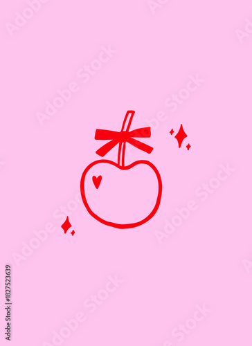Aesthetic Whimsical Cherry with Bow and Heart, Stars. Cute Pink Coquette Cherry Ball with Ribbon. Doodle Vector Illustration