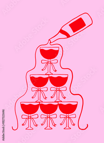 Champagne Tower Whimsical Cocktail Glass with Bottle. Bachelorette Martini, Wine Cocktail Glasses Tower for Wedding. Doodle Illustration Drawing