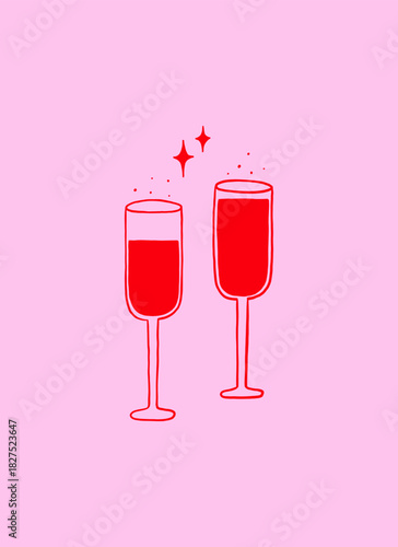 Champagne Glass Whimsical Cocktail. Coquette Two Glasses with Stars. Doodle Drawing Illustration