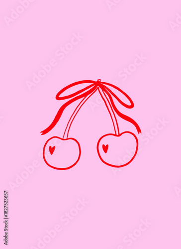 Aesthetic Whimsical Cherry with Bow and Heart. Cute Pink Coquette Cherry Ball with Ribbon. Doodle Vector Illustration