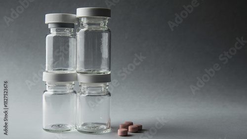 Group of stacked vials with spilled pills on grey reflective surface