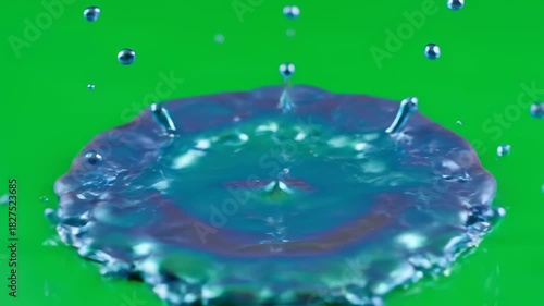 Bright green water drops splash onto a crown in this clean abstract macro image.
