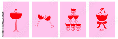 Whimsical Cocktail with Bow Poster Set. Coquette Cocktail Glass Martini, Champagne, Wine in Hand Drawn Style. Doodle Vector Illustration