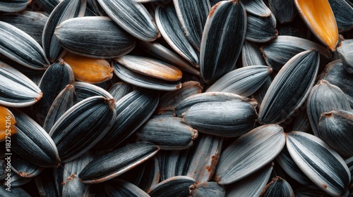 Sunflower seeds are spread out, showcasing a striking arrangement of black and orange colors. The scene highlights their unique shapes and textures, creating a vibrant visual appeal