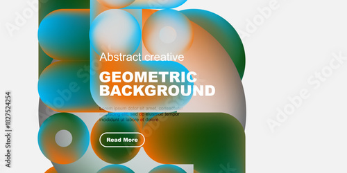 Abstract geometric background features vibrant overlapping shapes. Text includes geometric background plus sample text, button visible.