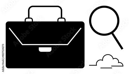 Briefcase with sleek design, magnifying glass signifying search, and cloud outline. Ideal for concepts thumbs up business, research, data analysis, career, cloud computing, investigation simple flat