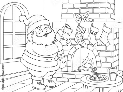Merry Santa Claus Fireplace Coloring Book Page A Charming Christmas Eve Scene with Stockings and Treats, Ideal for Holiday Fun and Artistic Creativity