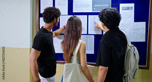 Indian young adult gen z busy pupil girl boy group look notice board check study exam result report corridor area back view of female male man team wear bag do read new paper list name project date