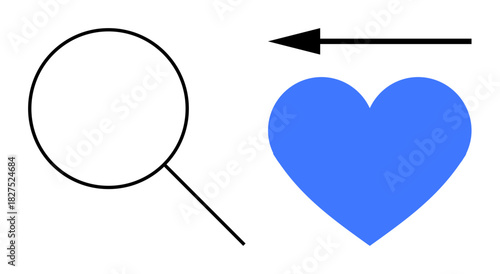 Search concept. A magnifying glass, directional arrow, and blue heart connection and interaction in search. Search used for technology, navigation, data analysis, relationships, innovation