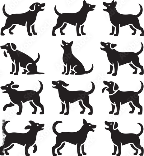 Set of dog silhouettes in various poses isolated on white background