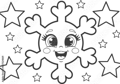 An adorable smiling snowflake character with stars, a black and white line art page for a kids' winter coloring book. d