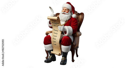 Santa claus sitting in chair reviewing christmas list with quill isolated on transparent background