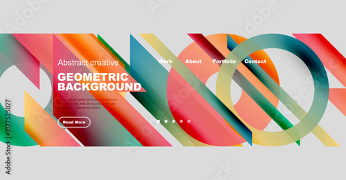 Abstract geometric background features vibrant colors, shapes. Navigation includes work, about, portfolio, contact options. Modern design.