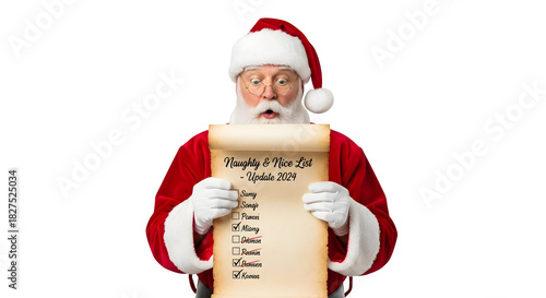 Santa claus reading a naughty or nice list isolated on transparent background