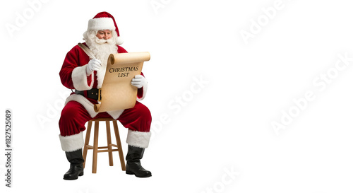 Santa claus sitting on stool reading scroll isolated on transparent background