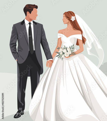 A beautiful couple stands hand in hand, showcasing love and commitment on their wedding day, with stunning attire and a heartfelt connection between them.