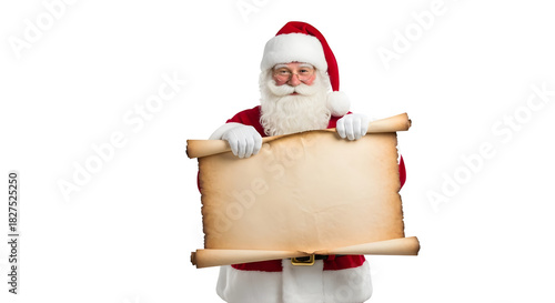Santa claus holding blank scroll for christmas message isolated on transparent background
