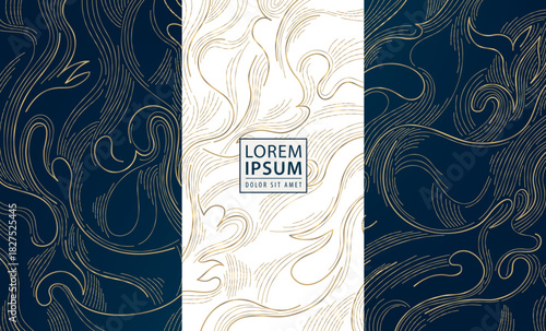 Vector pattern, gold line art leaves, luxury background with elegant abstract floral and deco elements. Modern design premium packaging, perfume or tea labels, wedding cards, invitations