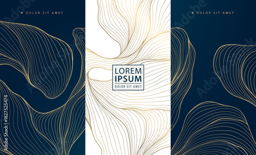 Vector pattern, gold line art leaves, luxury background with elegant abstract floral and deco elements. Modern design premium packaging, perfume or tea labels, wedding cards, invitations