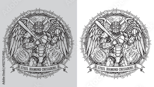 Steampunk Baseball Catcher Robot Mascot with Wings and Barbed Wire