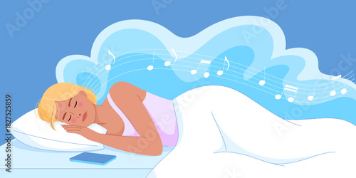 A serene woman peacefully sleeps in her bed as musical notes float around her, symbolizing relaxation and the soothing power of music accompanied by rest and calmness.