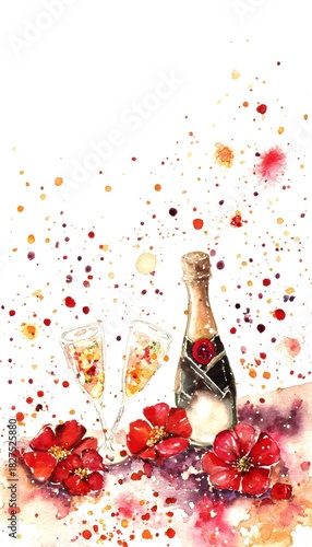 Joyful New Year watercolor painting champagne glasses red flowers festive holiday illustration