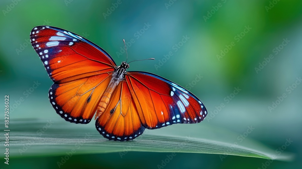 Obraz premium A close-up shot of a vibrant monarch butterfly perched on a green leaf, showcasing its orange, black, and white patterned wings against a blurred natural backgr