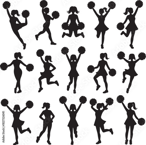 Silhouette Cheerleader Collection Posing with Pom Poms for Sport Team Support