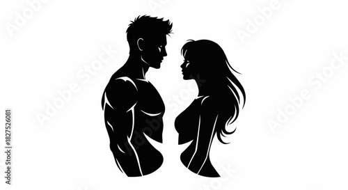 Silhouette of a muscular man and a woman facing each other.