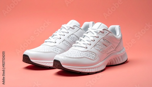 “White athletic sneakers with mesh design on a pink background.”
