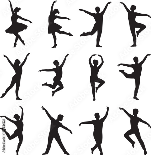 Silhouette Collection of Ballet Dancers in Various Poses on White Background