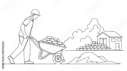 Construction Worker Pushing Wheelbarrow with Bricks – Continuous Line Art Jobsite Illustration