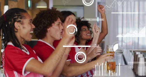 Four sports fans leaning on bar, reacting to offscreen goal, clinking pints, HUD overlaying victory