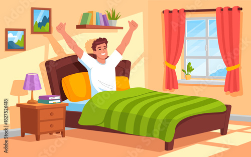A joyful man stretching in bed with bright sunlight streaming through the windows, representing a fresh start to the day and the vitality of morning routines.