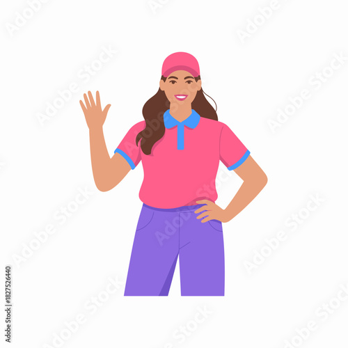 A cheerful young woman dressed in a pink polo shirt waves her hand, radiating friendliness and positivity, ideal for conveying hospitality or approachability in visuals.