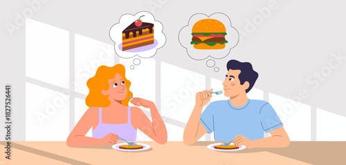 A joyful couple sits together at a table, enjoying their meals while contemplating dessert and burgers, highlighting the joy of shared dining experiences in a cozy setting.