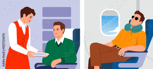 A flight attendant graciously serves a passenger during a flight in a stylish airplane interior, showcasing hospitality, professionalism, and comfort in air travel environments.