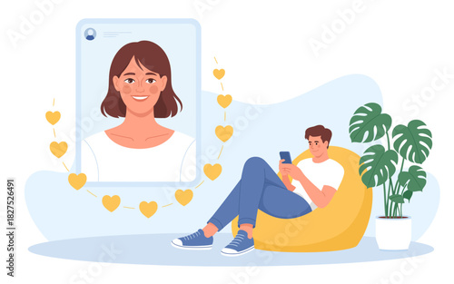 A cheerful young man engages with a phone, connecting with someone special as hearts surround a digital image, representing love and modern relationships in digital times.